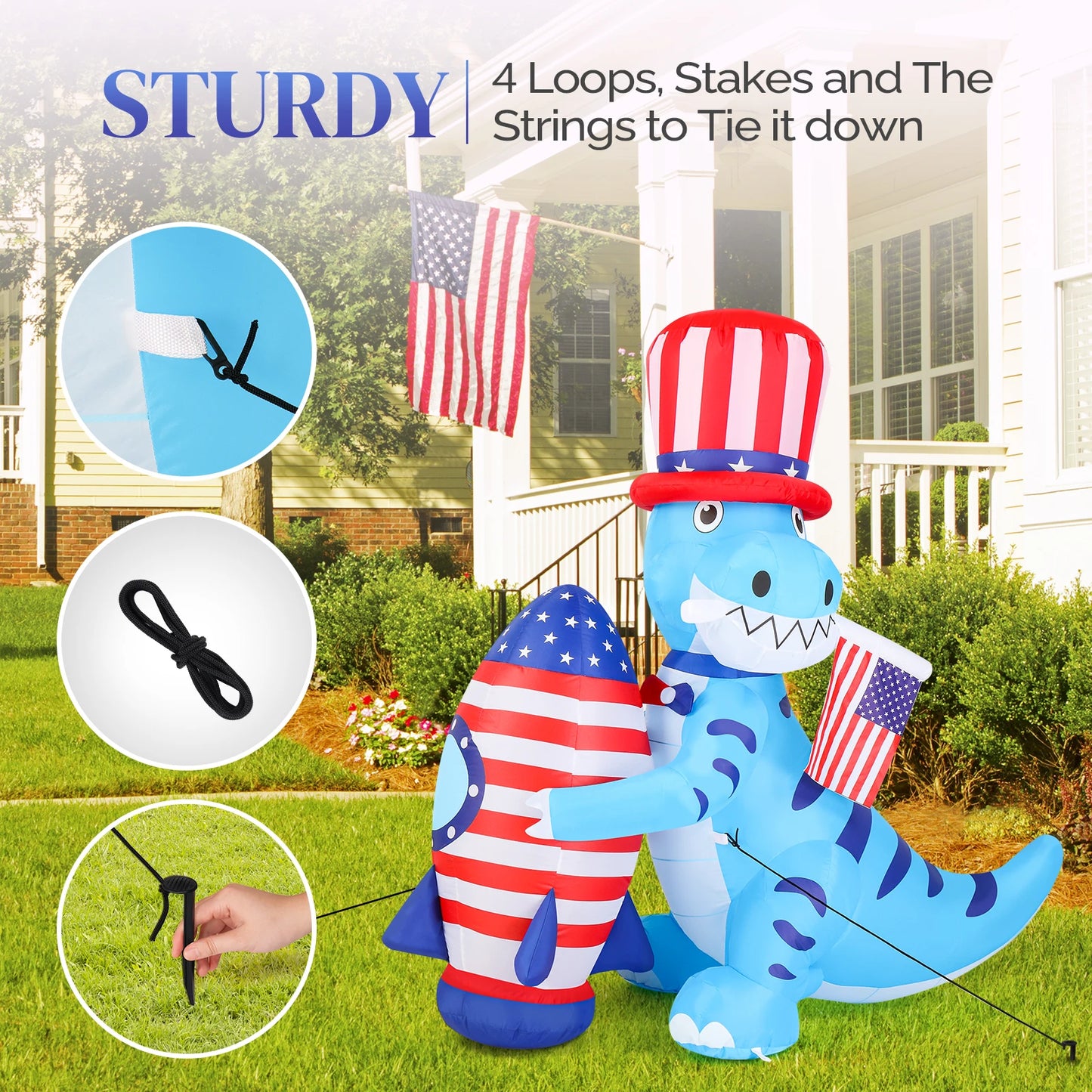 5ft Dinosaur Holding Rocket Independence Day Blow Up Lighted Decoration with 4 LED Lights