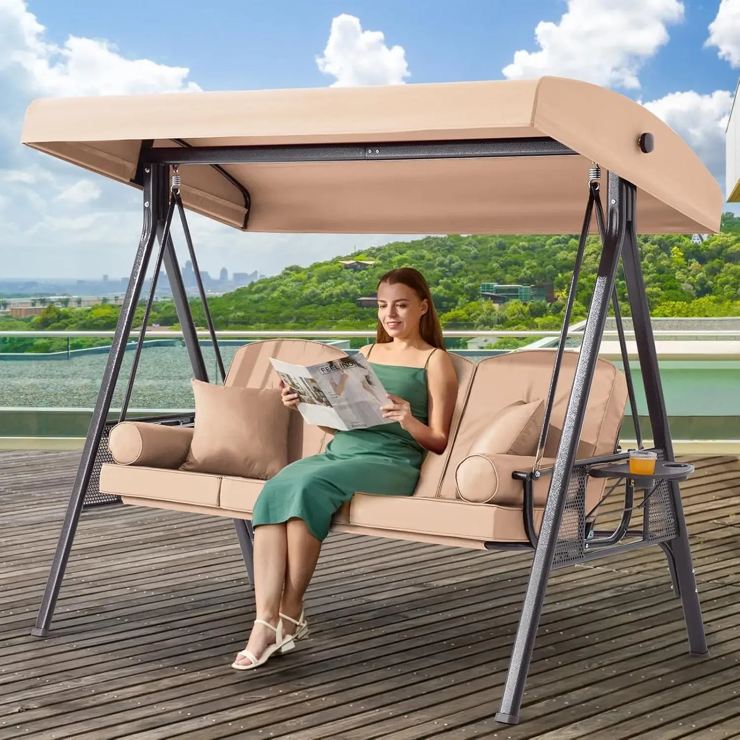 Outdoor Porch Swing with Adjustable Canopy Three Seat Outdoor Swing for Adults Patio Swing Chair with Thickened Cushions Khaki