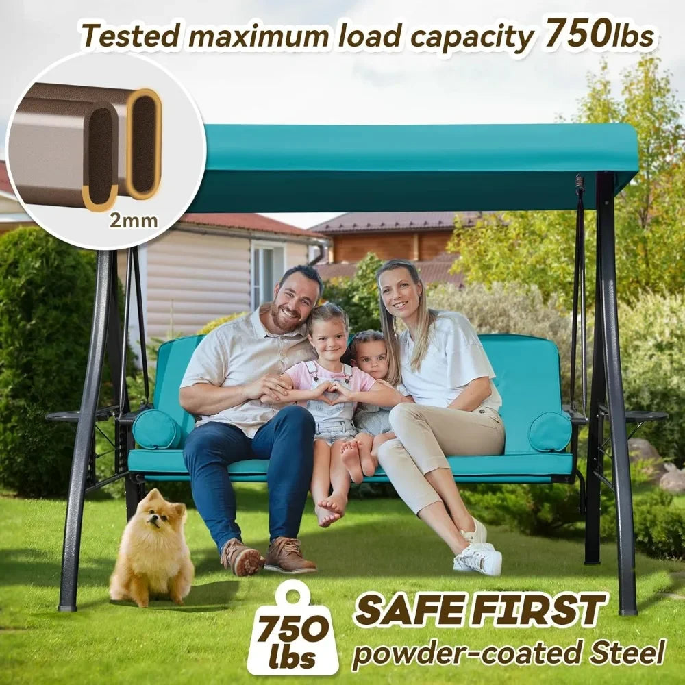 Outdoor Porch Swing with Adjustable Canopy Three Seat Outdoor Swing for Adults Patio Swing Chair with Thickened Cushions Khaki