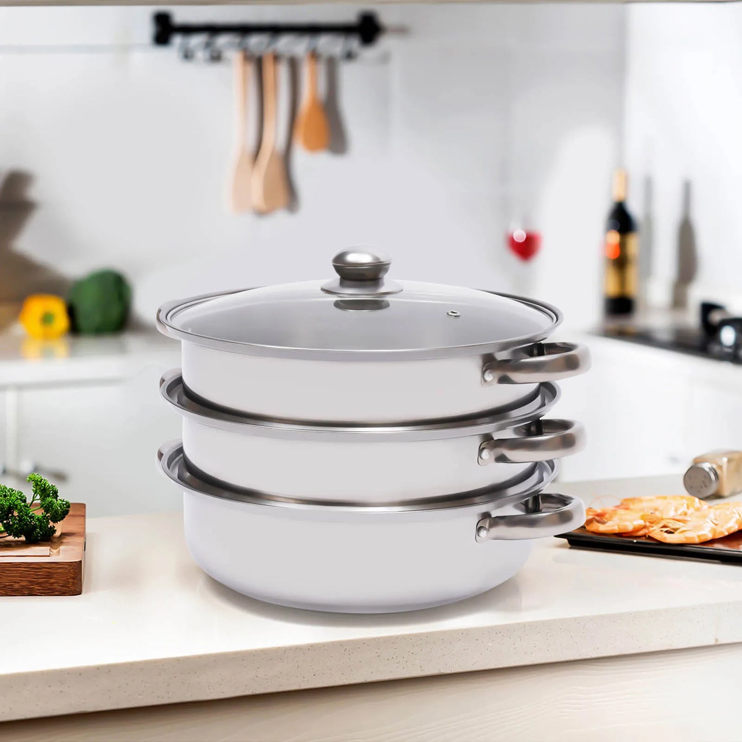 3 Tiers Stainless Steel Steamer 28cm Overlapping Steaming Pot Cookware Kitchen Soup Cooker Set Silver with Glass Lid