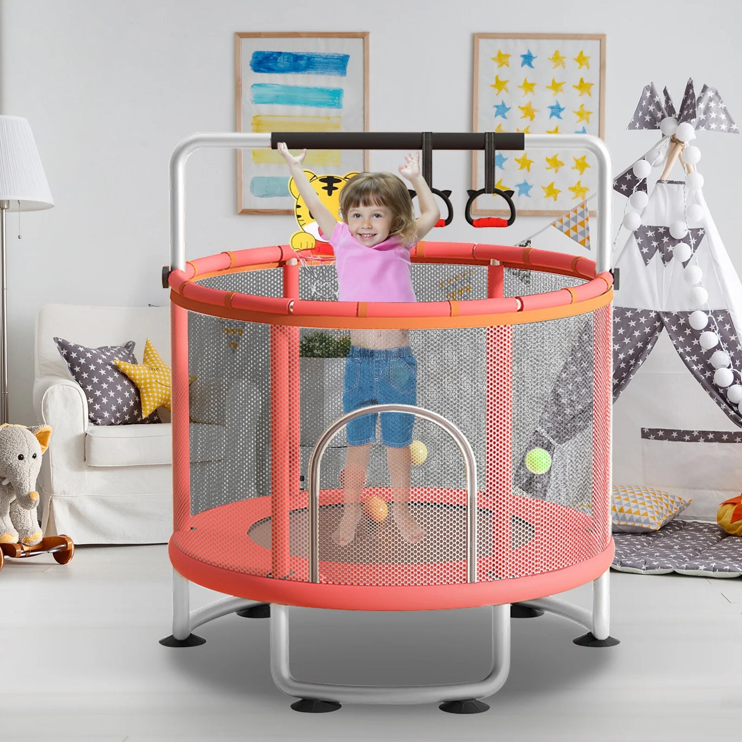 Indoor Trampoline with Protective Net for Kids and Adults 60 Inch Jumping Bed Outdoor Fitness Equipment