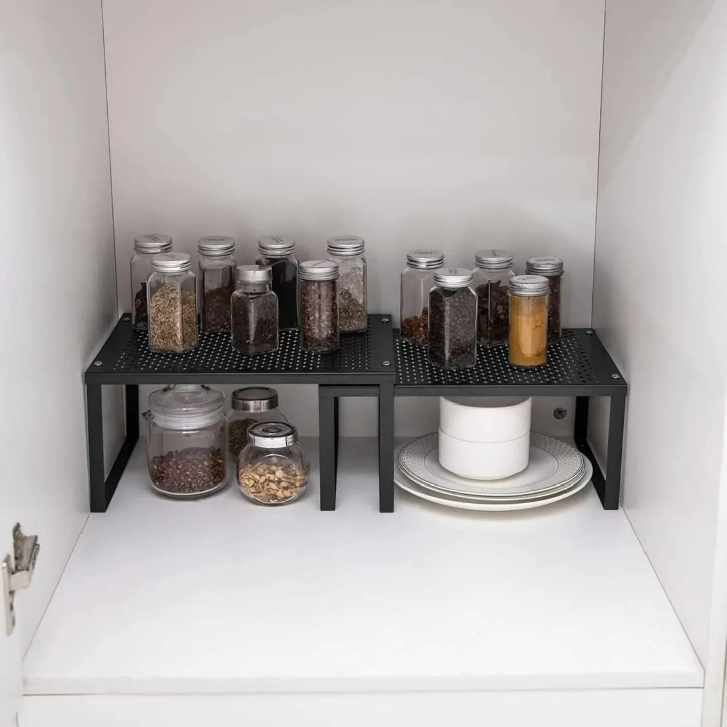 Expandable Stackable Kitchen Cabinet and Counter Shelving Organizer Multi Use Space Saving Storage Black