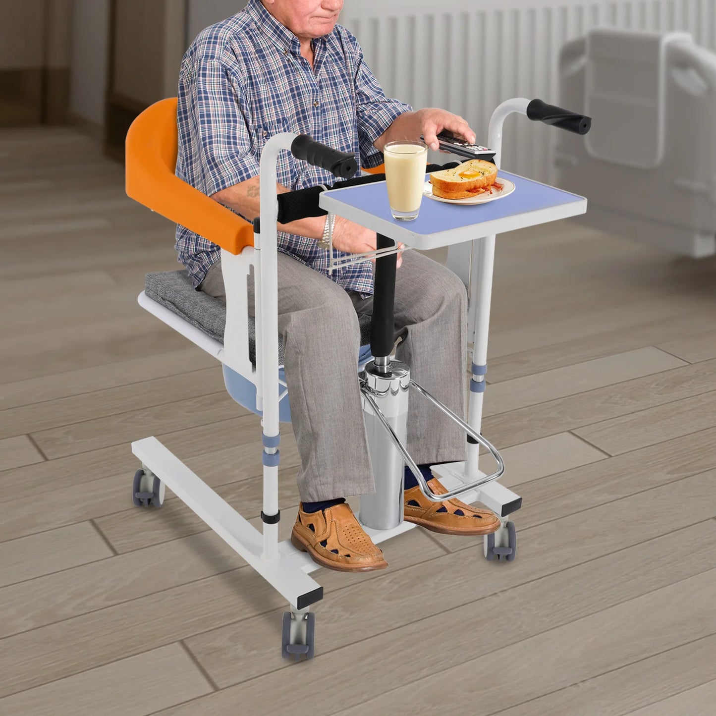 Hydraulic Patient Transfer Chair Height Adjustable Up To 100 Kg Lockable Wheels 180 Degree Divided Seat For Sick Elderly
