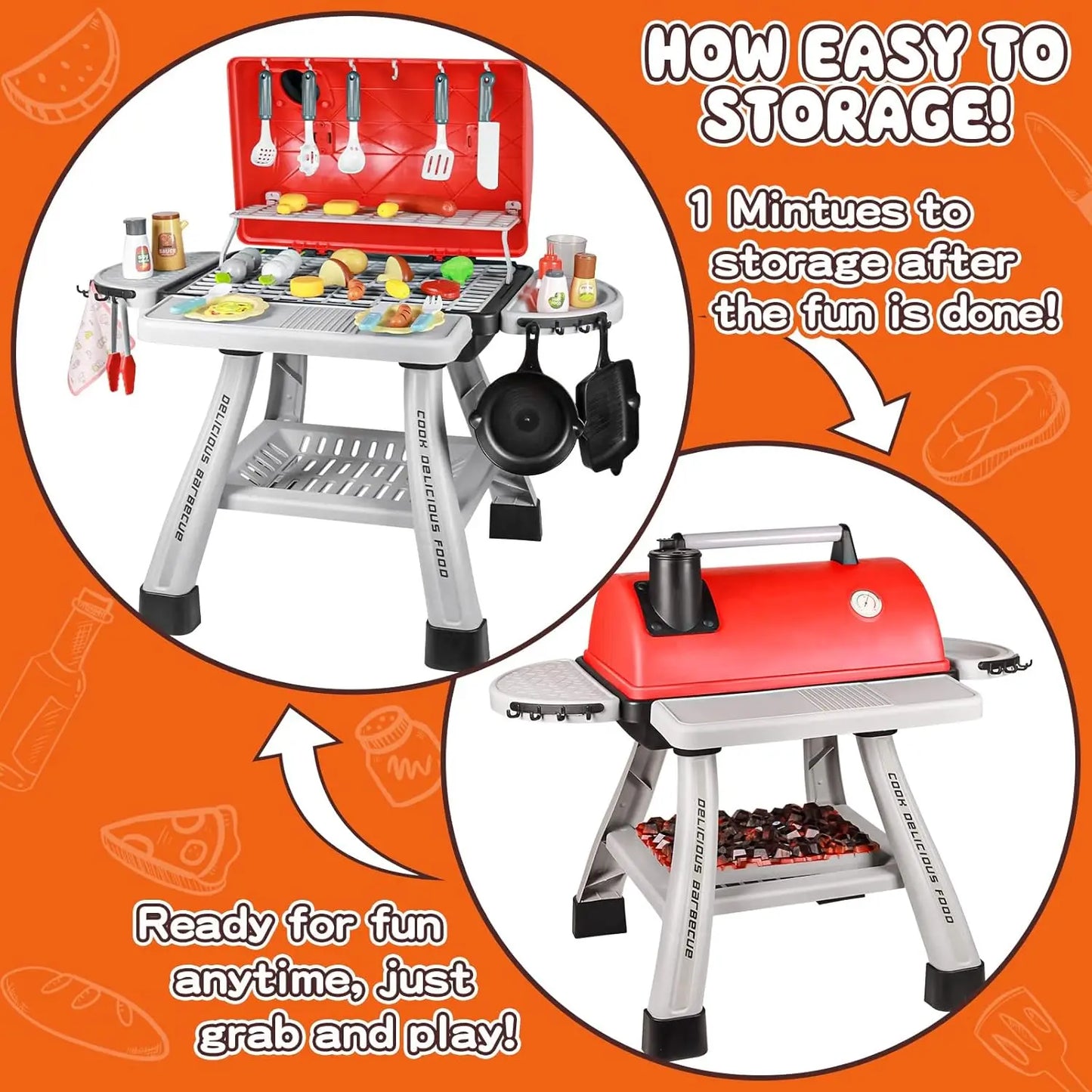 Kids Play Kitchen Grill BBQ Smoke Light 2 Layer Cooking Set