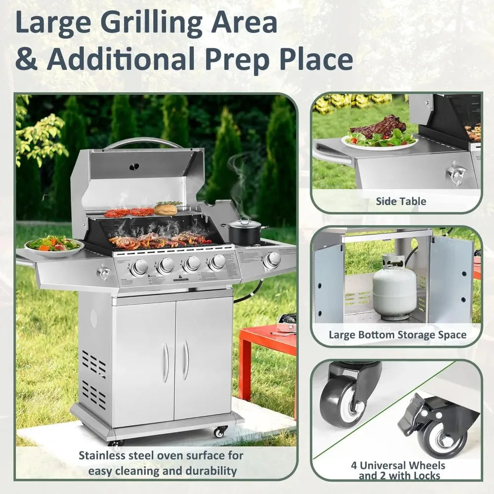 Propane Gas Grill with 4 Burners and Side Burner Stainless Steel Grill Cart with Wheels for Outdoor Patio Garden