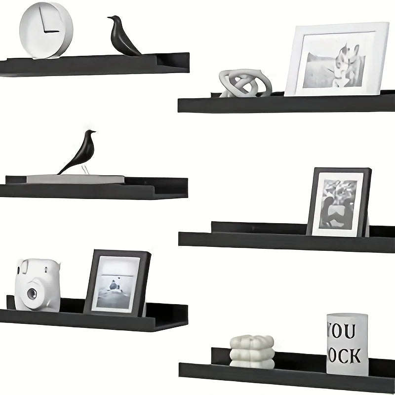 6 Pieces Wall Hanging TV Mezzanine Solid Wood Partition Display Stand for Bedroom and Living Room Black