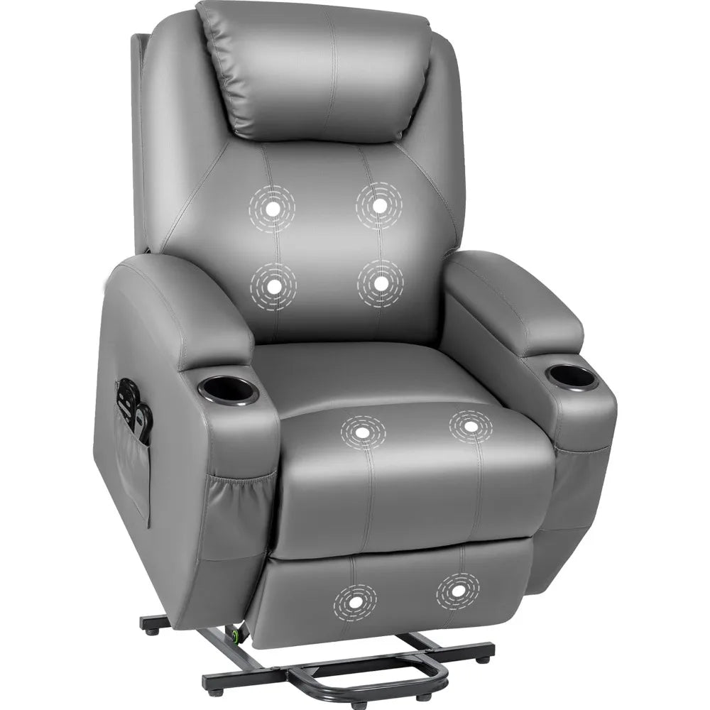 Power Lift Recliner Chair with Massage for Elderly PU Leather Modern Reclining Sofa Chair with Cup Holders and Remote Control