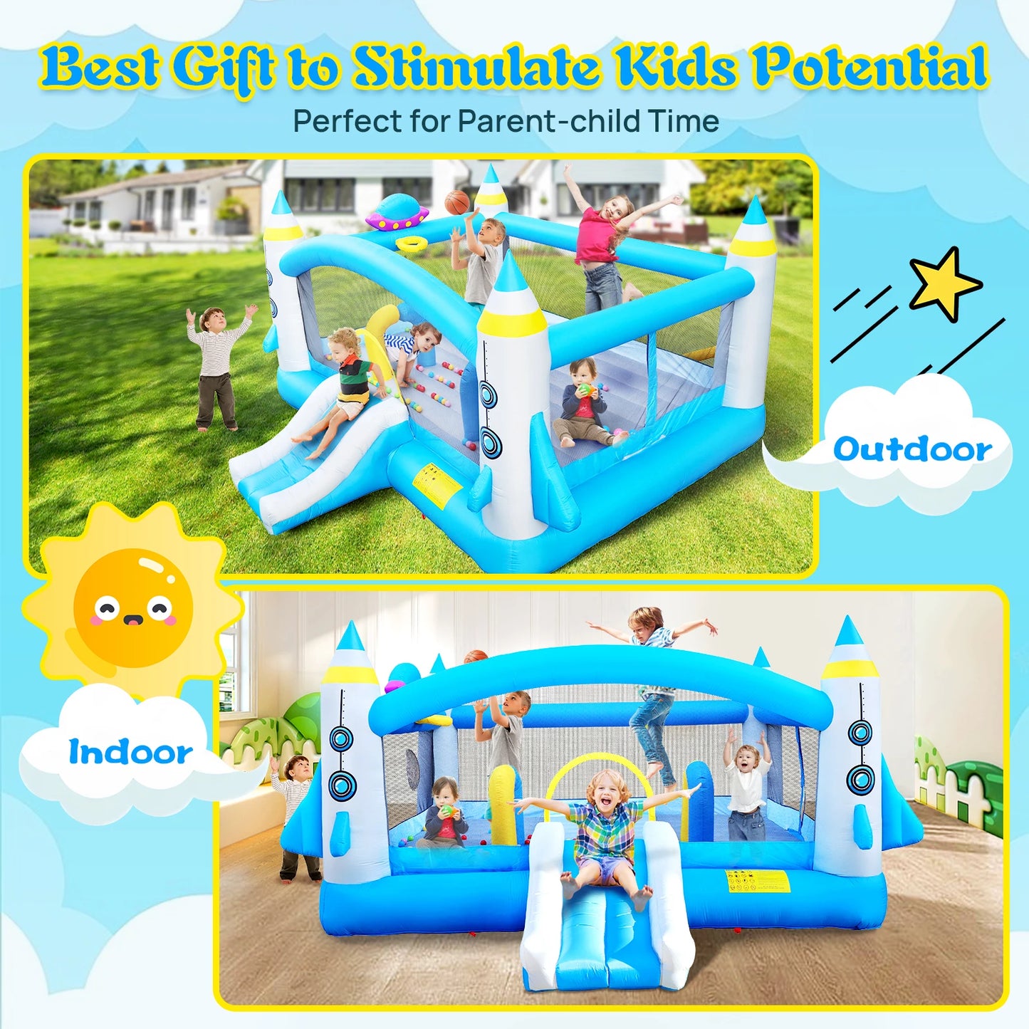 Kids Inflatable Bounce House With Long Slide Basketball Hoop Heavy Duty Oxford Fabric For Family Backyard Fun