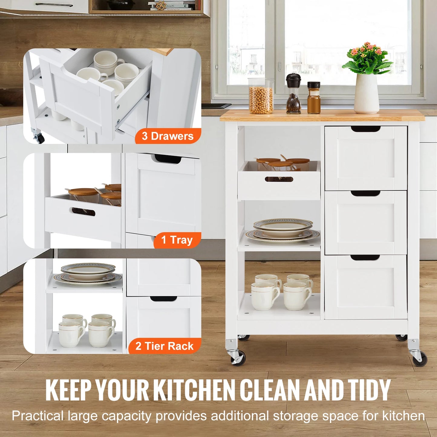 SucceBuy Kitchen Island Cart With Wood Top Drawers Shelves