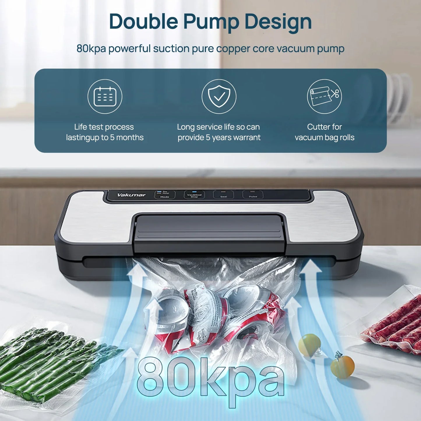 Vakumar VH1506 Vacuum Sealer Machine Sous Vide Handle Type 80Kpa Multifunctional Convenient Household Vacuum Sealer