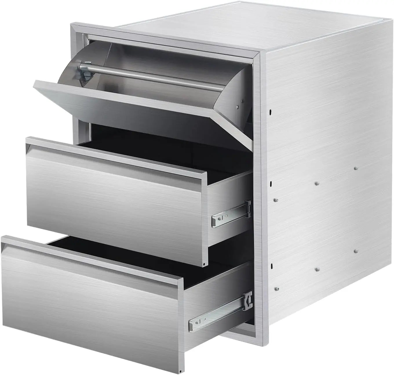 Outdoor Kitchen Drawers with Paper Towel Holder Stainless Steel BBQ Drawers 3-Layer Flush Mount Design
