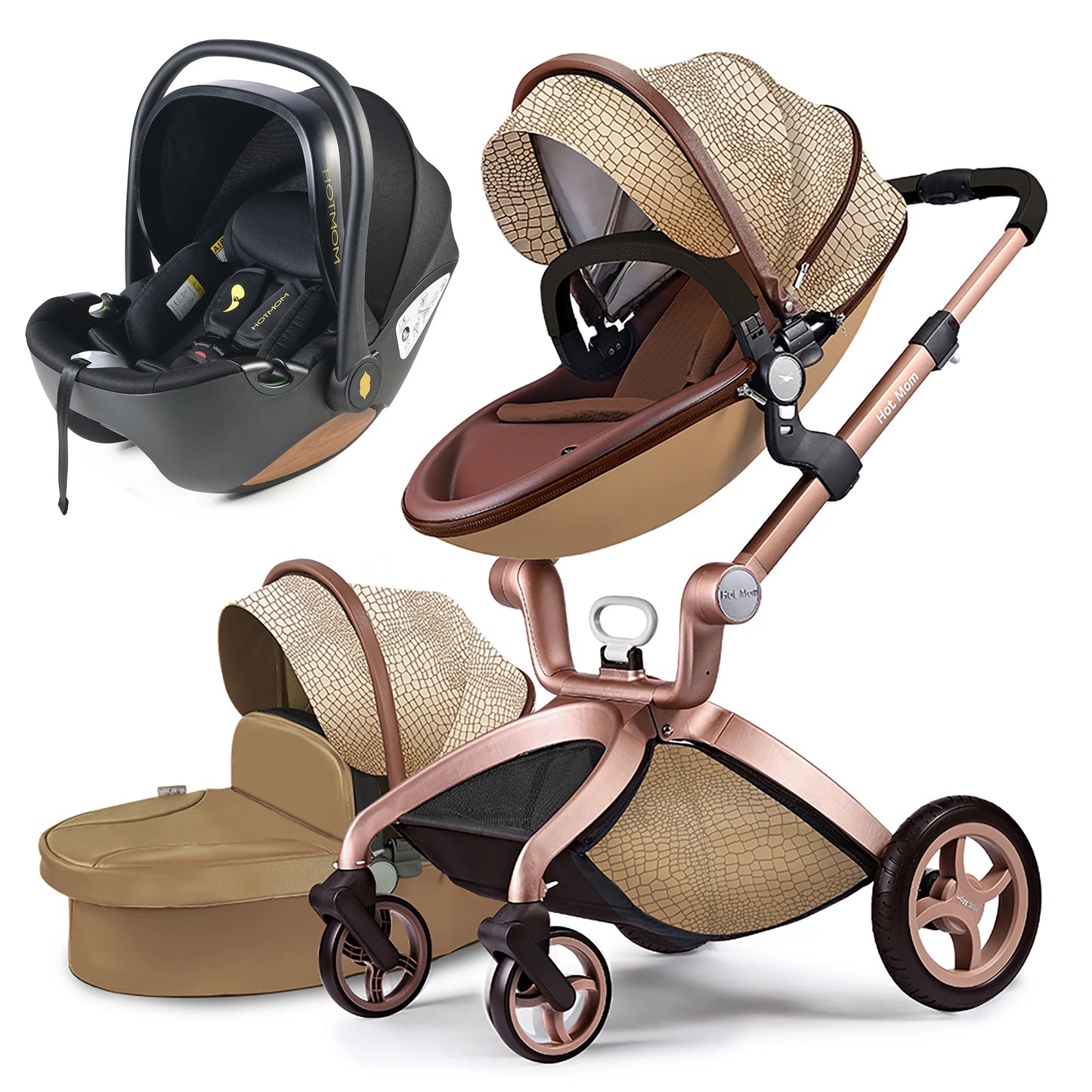 Hot Mom F22 Baby Stroller 3 In 1 Adjustable Seat Aluminum Frame Solid Rubber Tires Rain Cover Mosquito Net Large Storage Basket