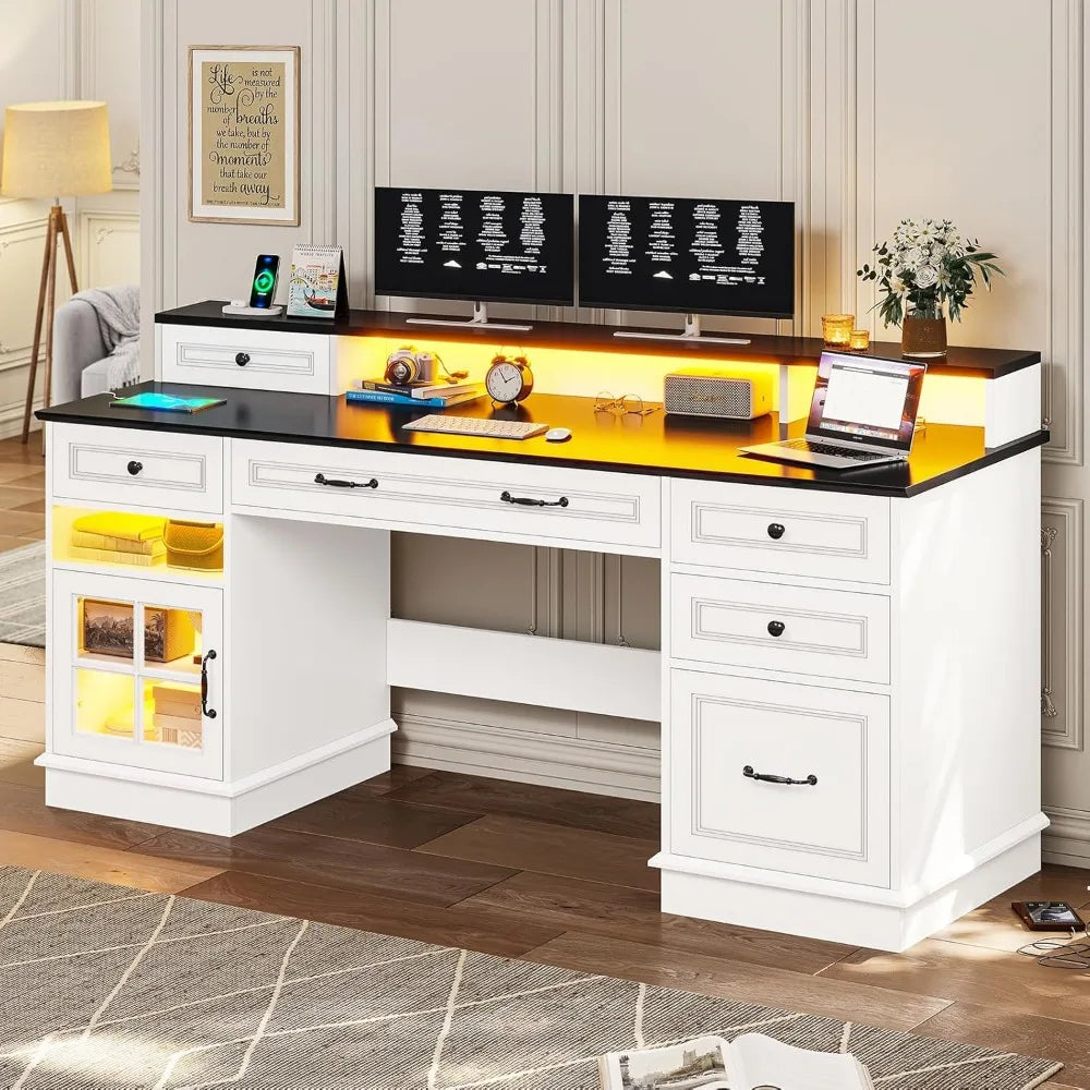 Executive Desk with File Drawer and Monitor Stand Home Office Desk with Drawers and Storage Cabinet Writing Desk