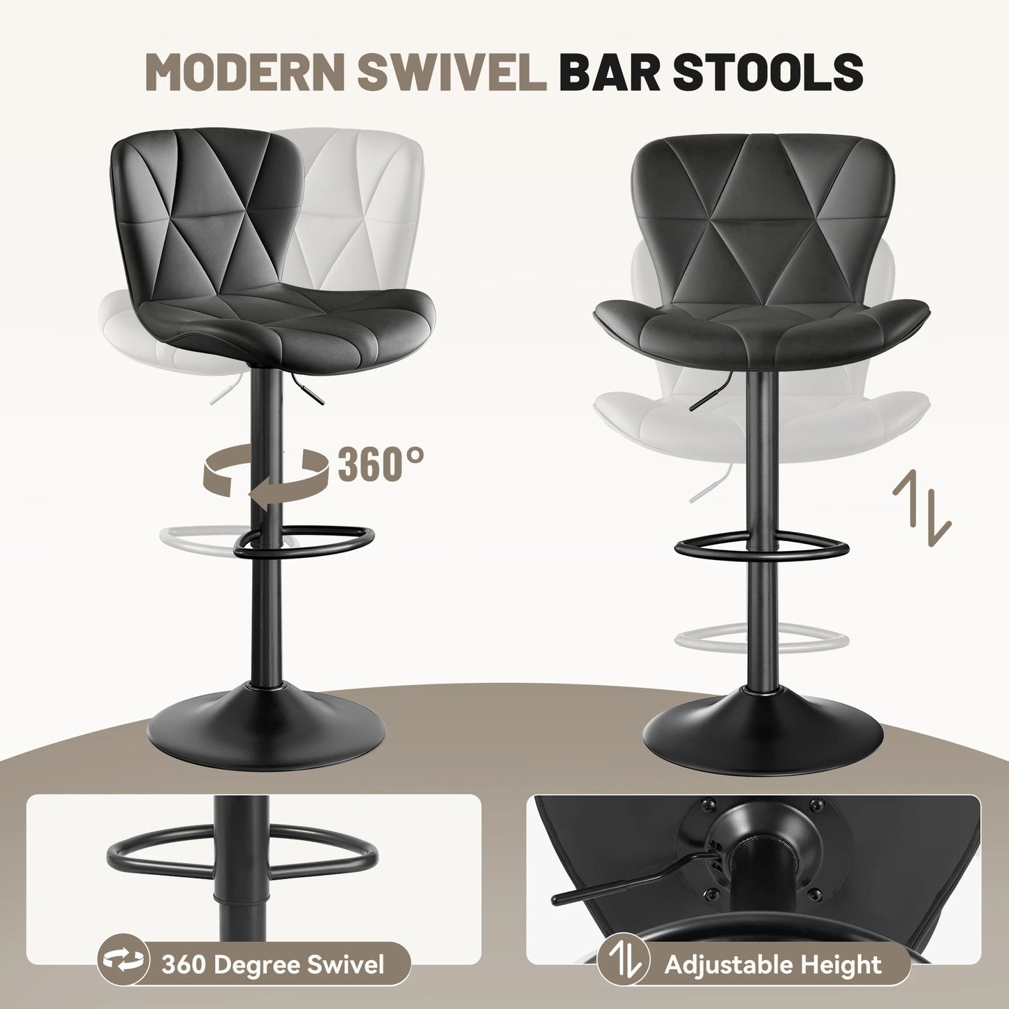 2 Pcs Bar Chair 360 Degree Rotation Adjustable Height Faux Leather Upholstered Backrest Bar Furniture for Dining Room Kitchen