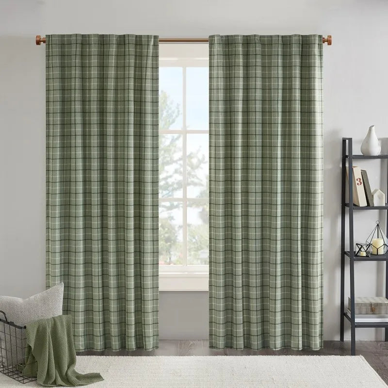 Green Plaid Curtain Panel With Fleece Lining 50x84