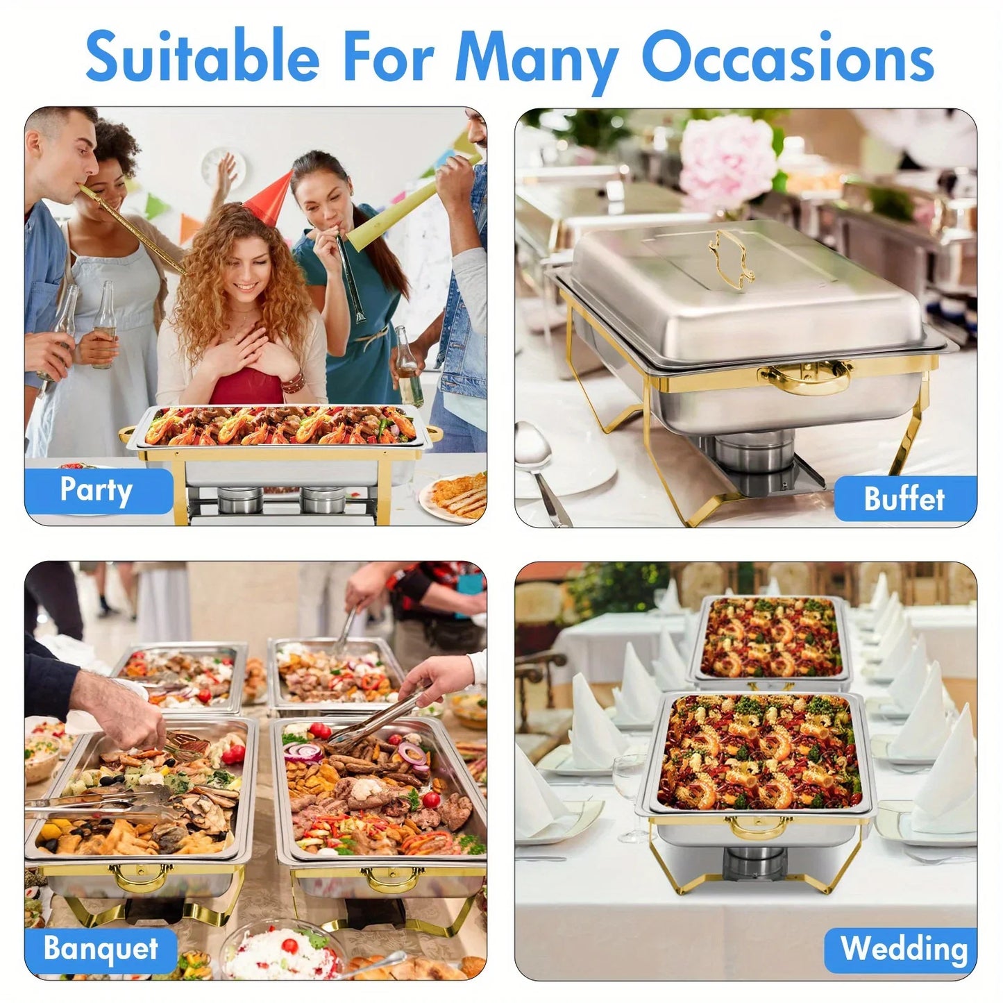 4 Pack 8 Quart Chafing Dish Buffet Set Stainless Steel Food Warmer Chafer with Chafing Fuel Holder for Party Catering Silver