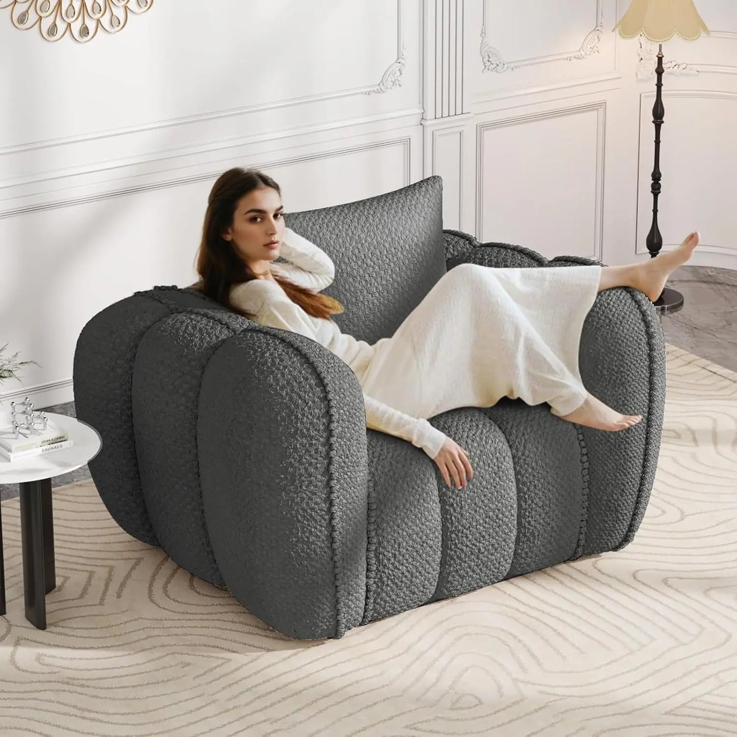 Pumpkin-Shaped Oversized Accent Chair, Upholstered Boneless Lounge Chair No Assembly, Morden Cloud Comfy Chair Wide Se