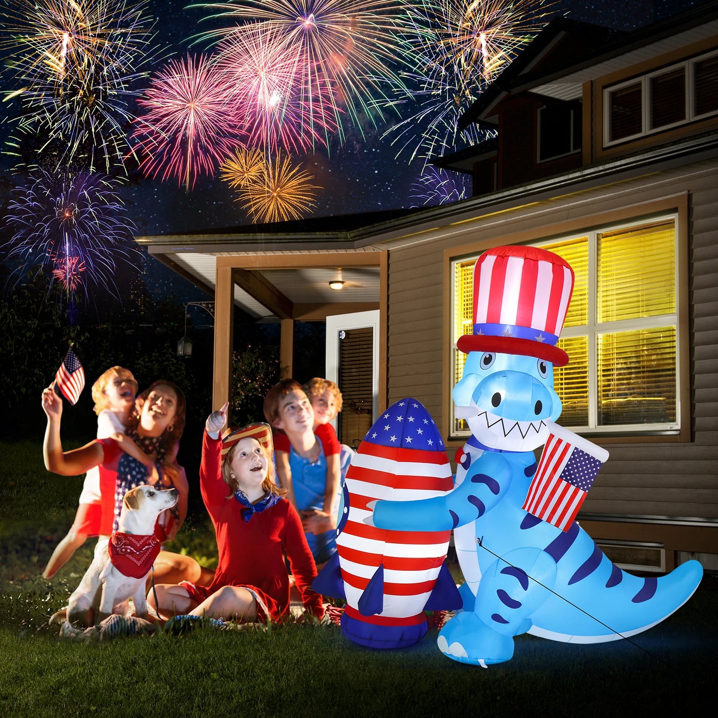 5ft Dinosaur Holding Rocket Independence Day Blow Up Lighted Decoration with 4 LED Lights