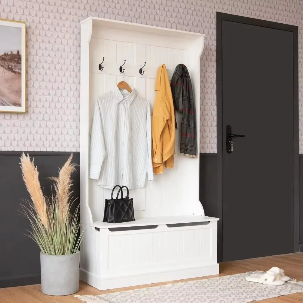 3 in 1 Coat Rack with 5 Double Hooks and Anti Toppling Strip Storage Bench with Bottom Storage Organizer for Hallway Bedroom