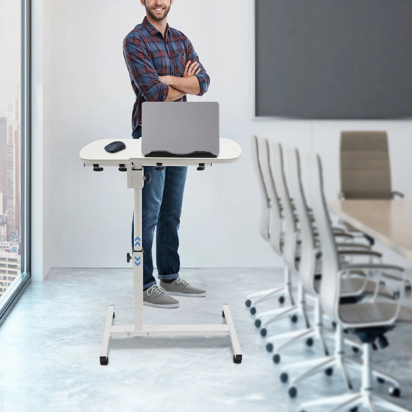 White MDF Carbon Steel Adjustable Laptop Stand With Wheels