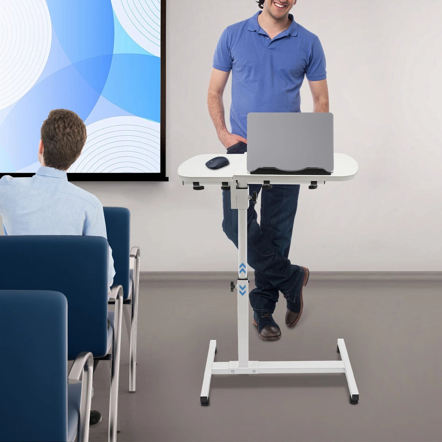 White MDF Carbon Steel Adjustable Laptop Stand With Wheels