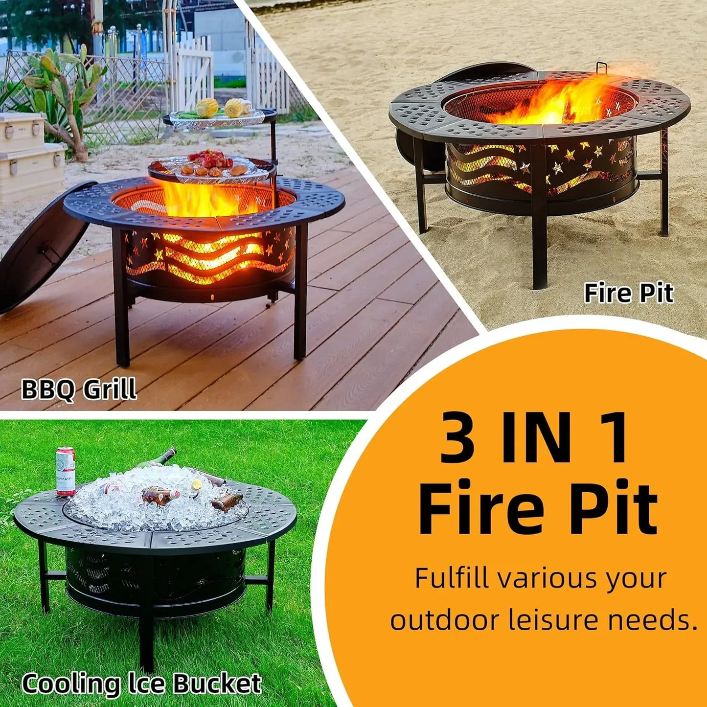 42 Inch Outdoor Fire Pit with 2 Grills Heavy Duty Metal Wood Burning Firepit with Cover and Poker Large Round Design