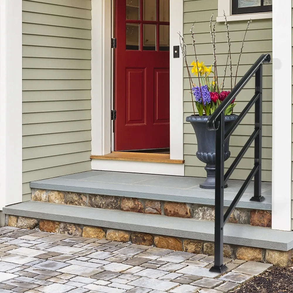 Adjustable Iron Handrail Black Fit 1 or 3 Steps Handrail for Outdoor Steps