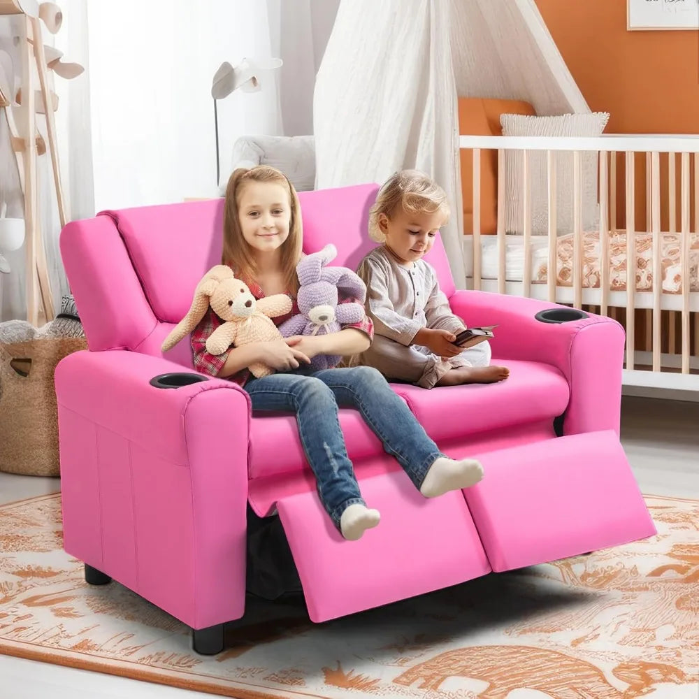 Double Recliner Chair With Cup Holder PU Leather Kids Sofa