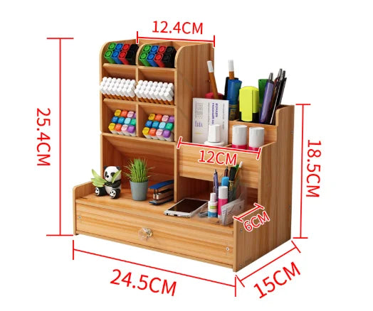 Wooden Desk Organizer DIY Desktop Tidy Pen Holder Large Capacity Stationery Storage Box with Drawer for Home Office and School Black
