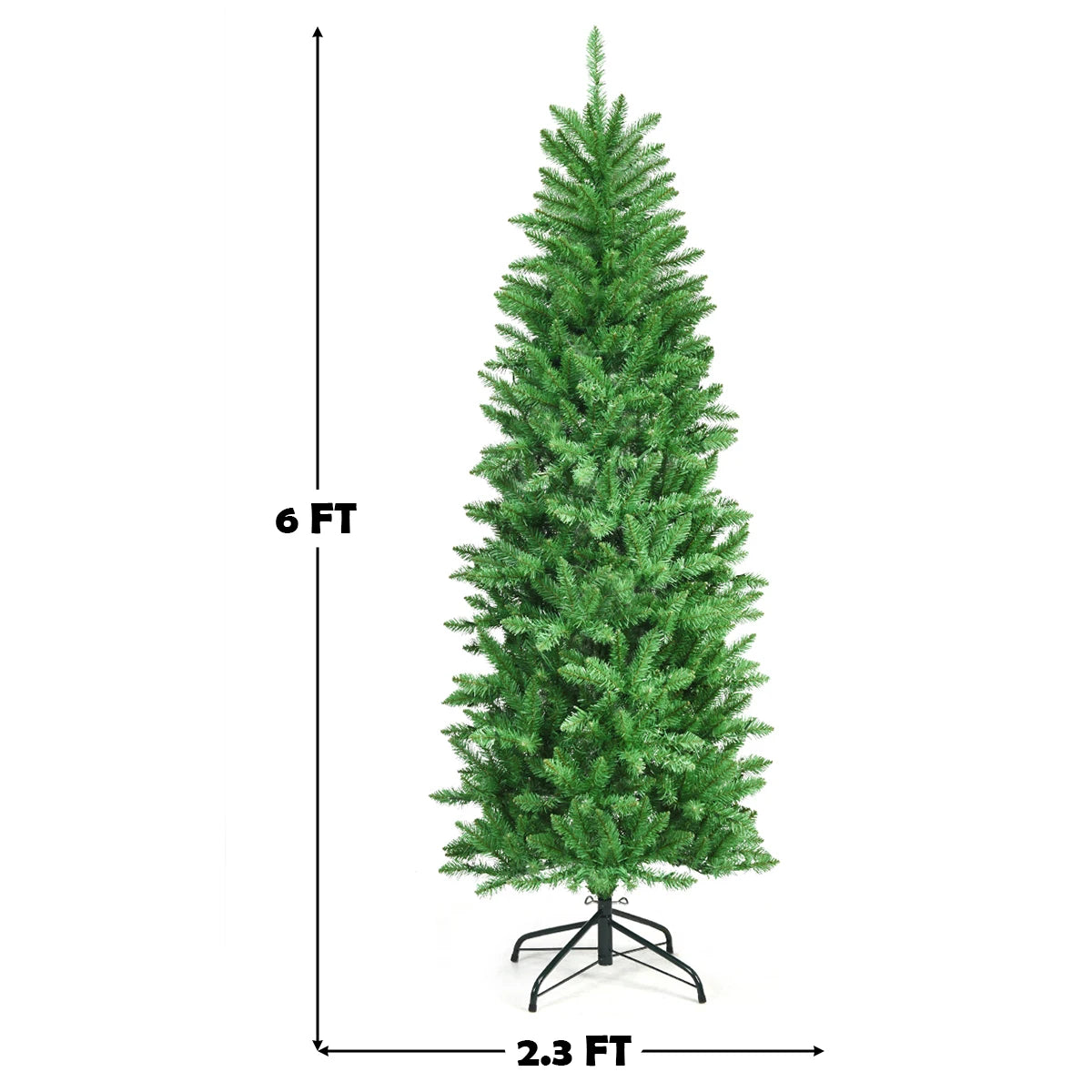 6Ft Pre-lit Artificial Pencil Christmas Tree Hinged Fir PVC Tree/ 250 LED Lights