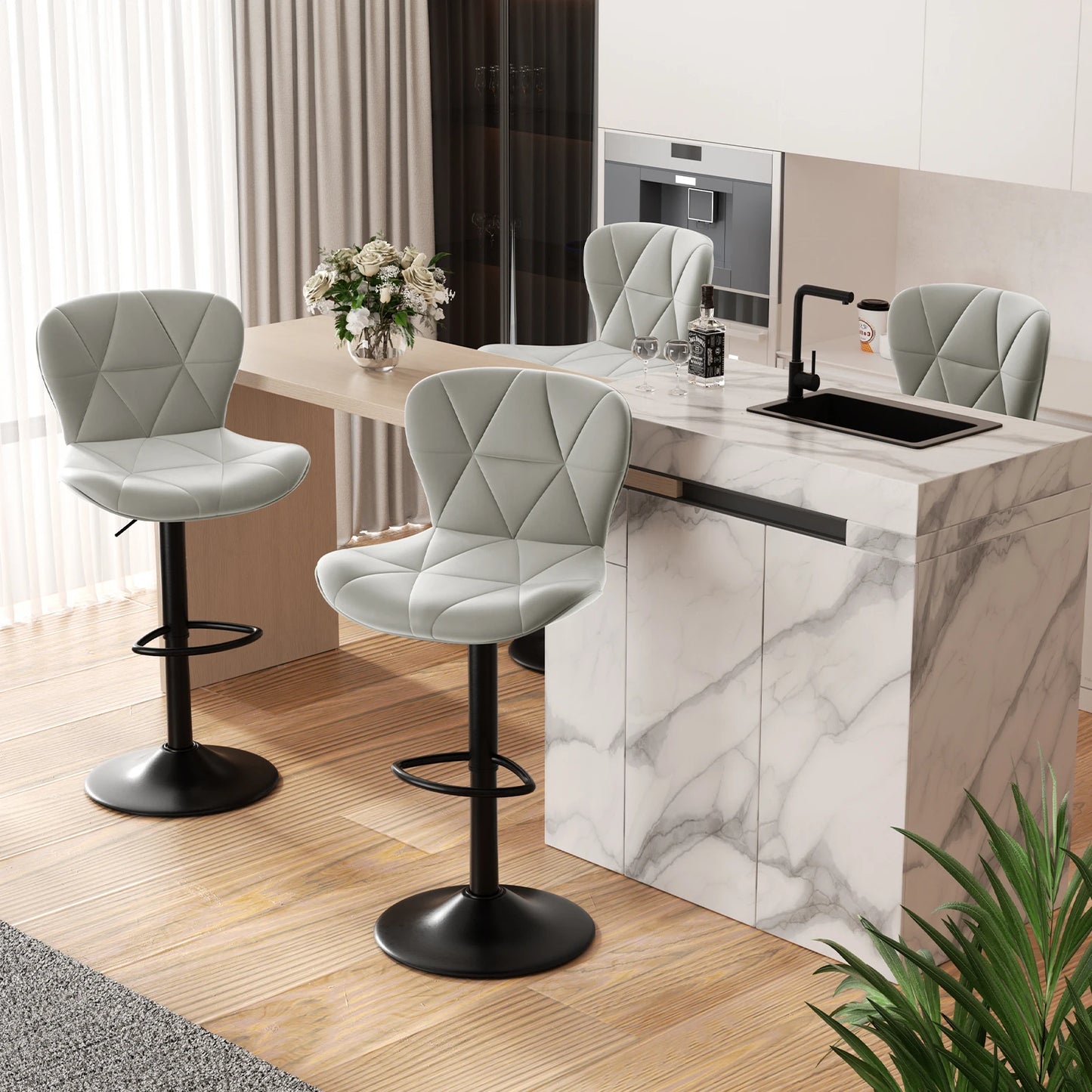 2 Pcs Bar Chair 360 Degree Rotation Adjustable Height Faux Leather Upholstered Backrest Bar Furniture for Dining Room Kitchen