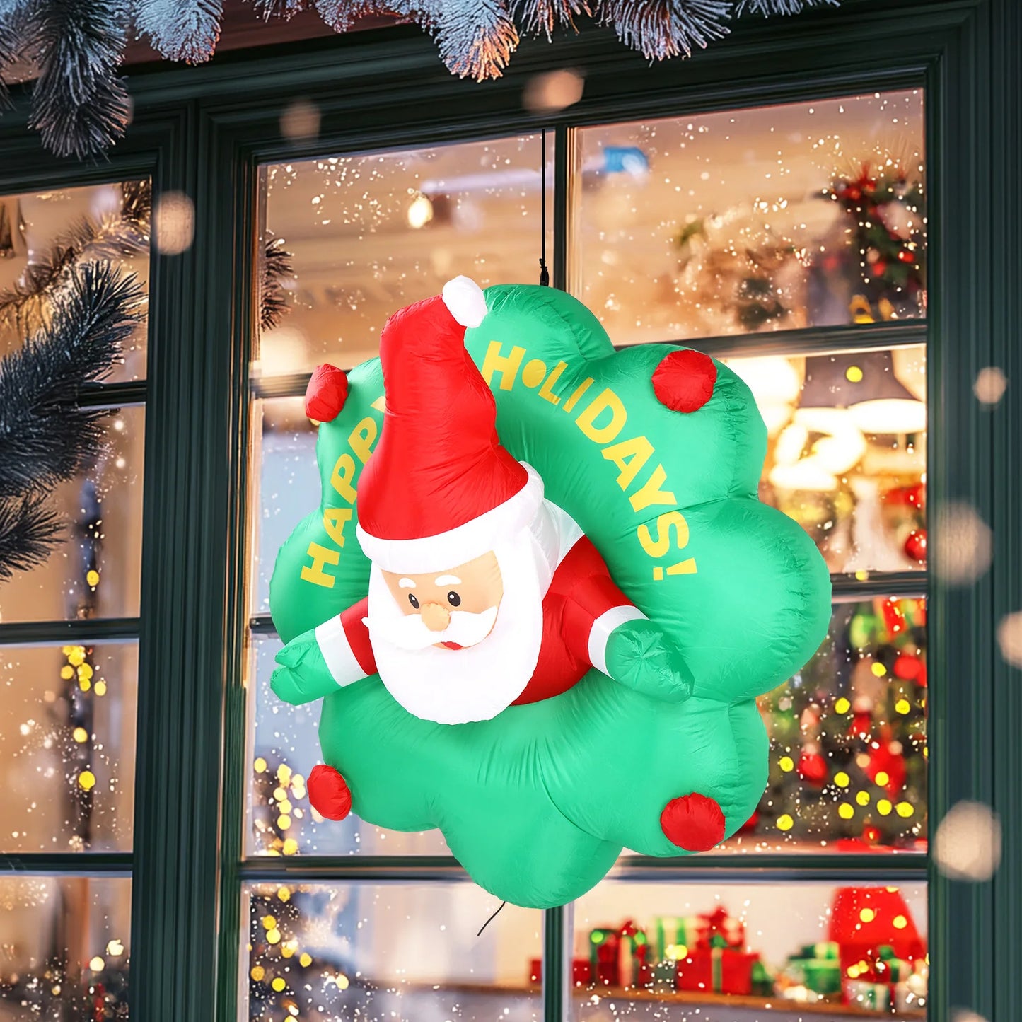 4 Ft Lighted Christmas Inflatable Santa with Wreath Breaking Out from Window Large Blow Up Hanging Decoration