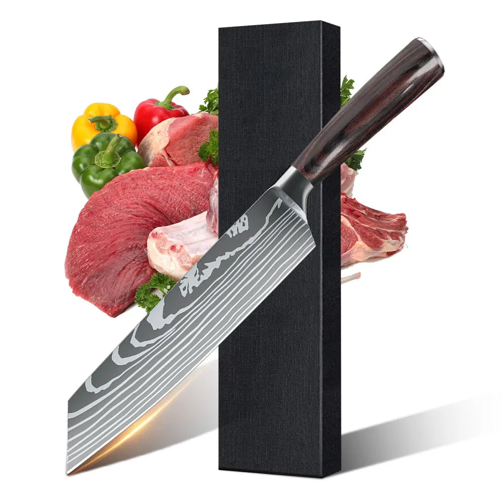 5PCS Japanese Kitchen Knives Set Professional Laser Damascus Pattern Stainless Steel Meat Cleaver Slicer Knife