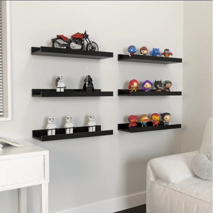 6 Pieces Wall Hanging TV Mezzanine Solid Wood Partition Display Stand for Bedroom and Living Room Black