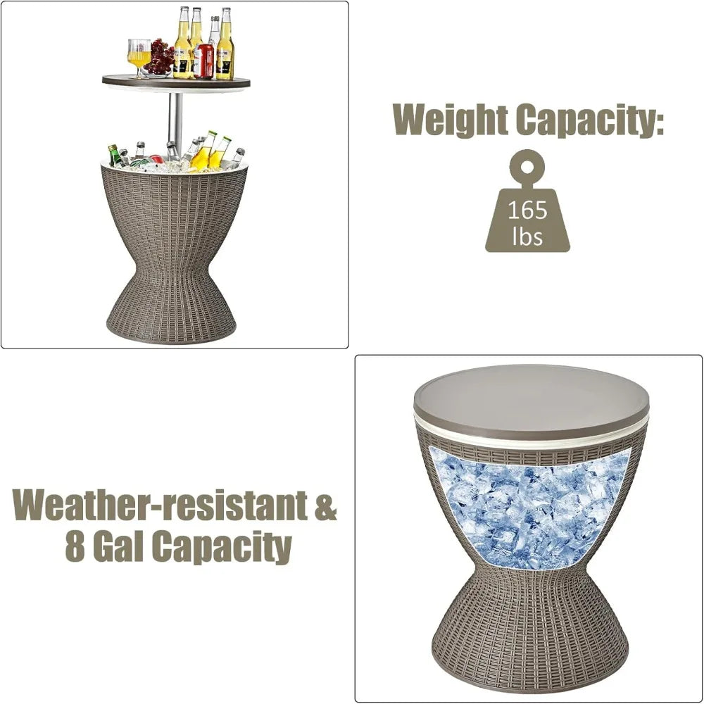 Outdoor Cool Bar Table 8 Gallon Beer and Wine Cooler Height Adjustable Rattan Style Cocktail Patio Bar Tables