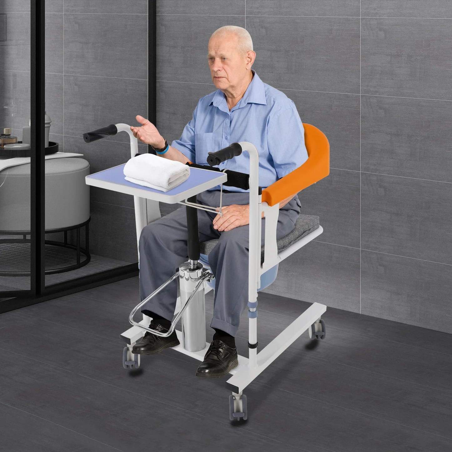 Hydraulic Patient Transfer Chair Height Adjustable Up To 100 Kg Lockable Wheels 180 Degree Divided Seat For Sick Elderly