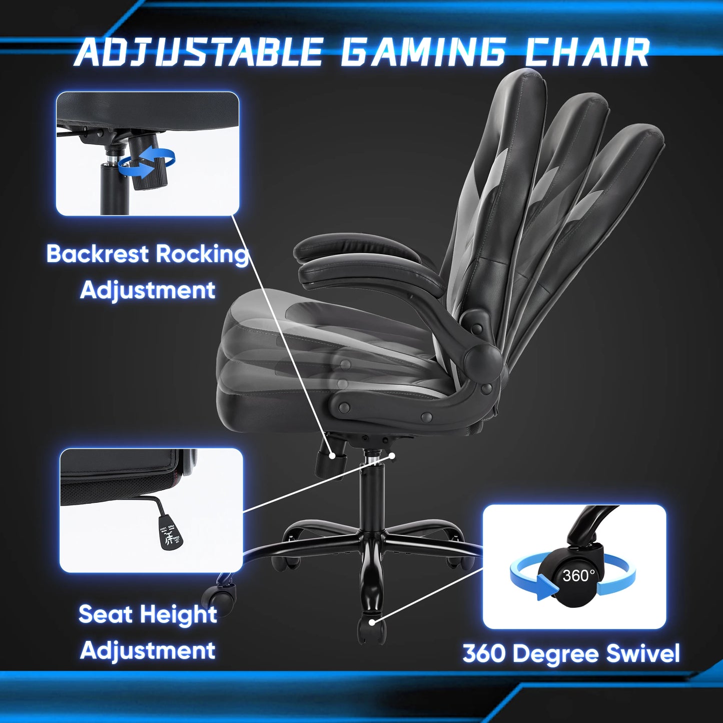 JHK Ergonomic Office Computer Gaming Desk Chair Adjustable PU Leather Racing Chair with Flip-Up Armrest Grey