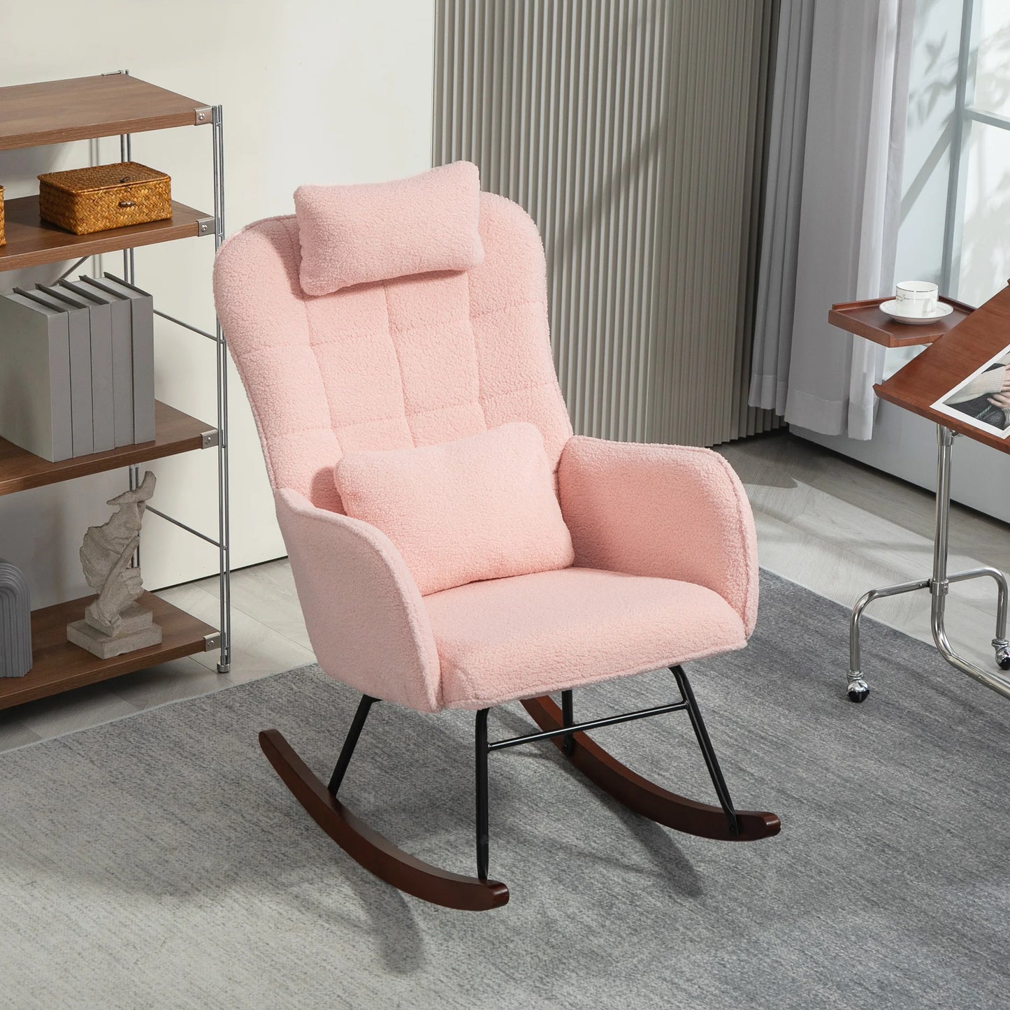 Homcom Boucle Rocking Chair with Headrest and Lumbar Pillow Pink