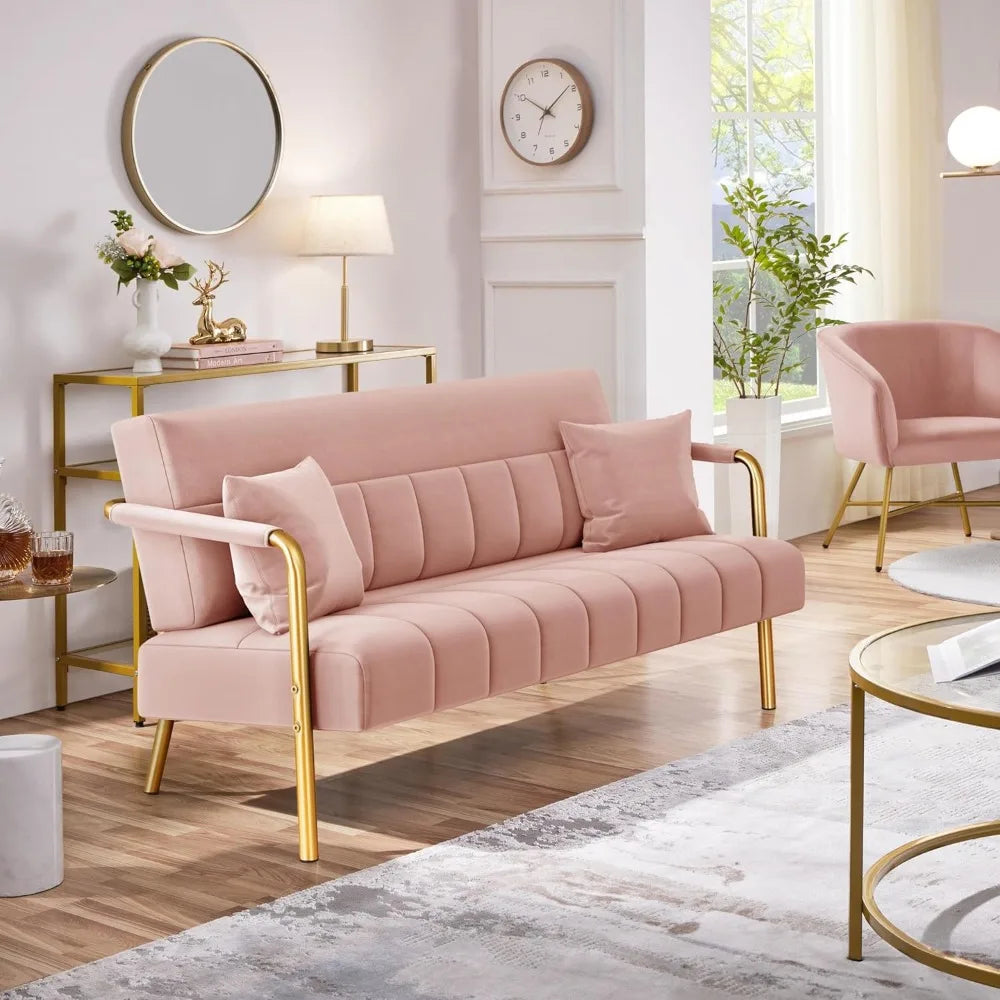 Lux Velvet Sofa With Gold Tone Metal Arms For Living Room