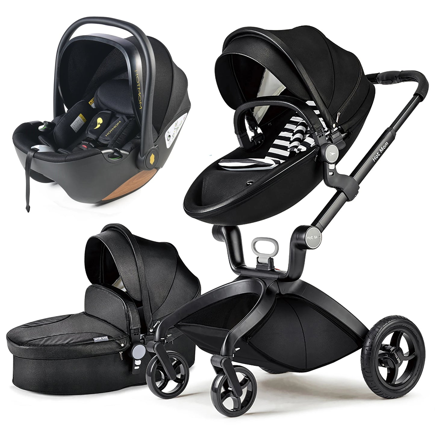Hot Mom F22 Baby Stroller 3 In 1 Adjustable Seat Aluminum Frame Solid Rubber Tires Rain Cover Mosquito Net Large Storage Basket