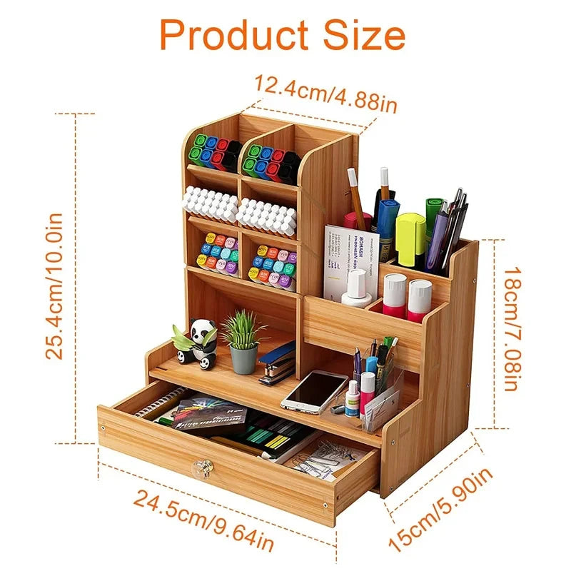 Wooden Desk Organizer DIY Desktop Tidy Pen Holder Large Capacity Stationery Storage Box with Drawer for Home Office and School Black