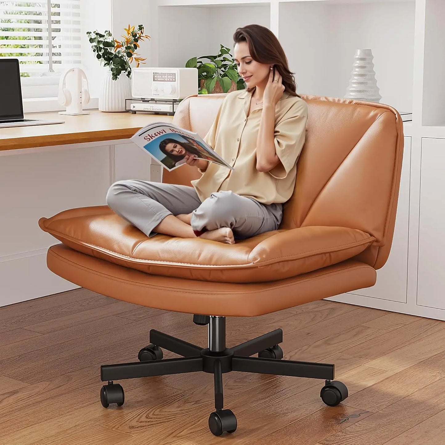 Armless 27 Inch Wide Criss Cross Chair with Wheels Leather Cross Legged Vanity Chair with Two Layer Cushion Swivel Modern Home Office White