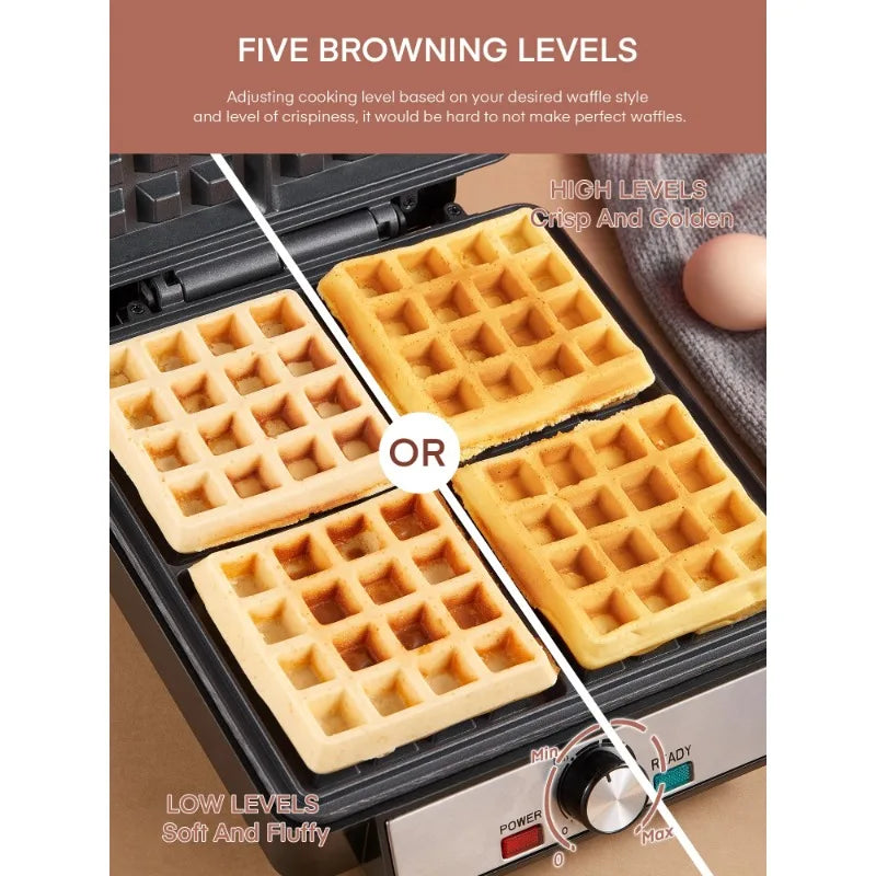 FOHERE Four Waffle Maker Electric Belgian Black Stainless