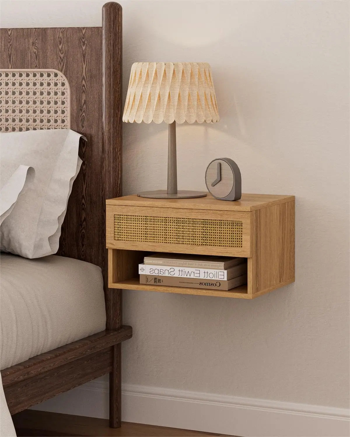 Floating Nightstand With Drawer Black Rattan For Bedroom