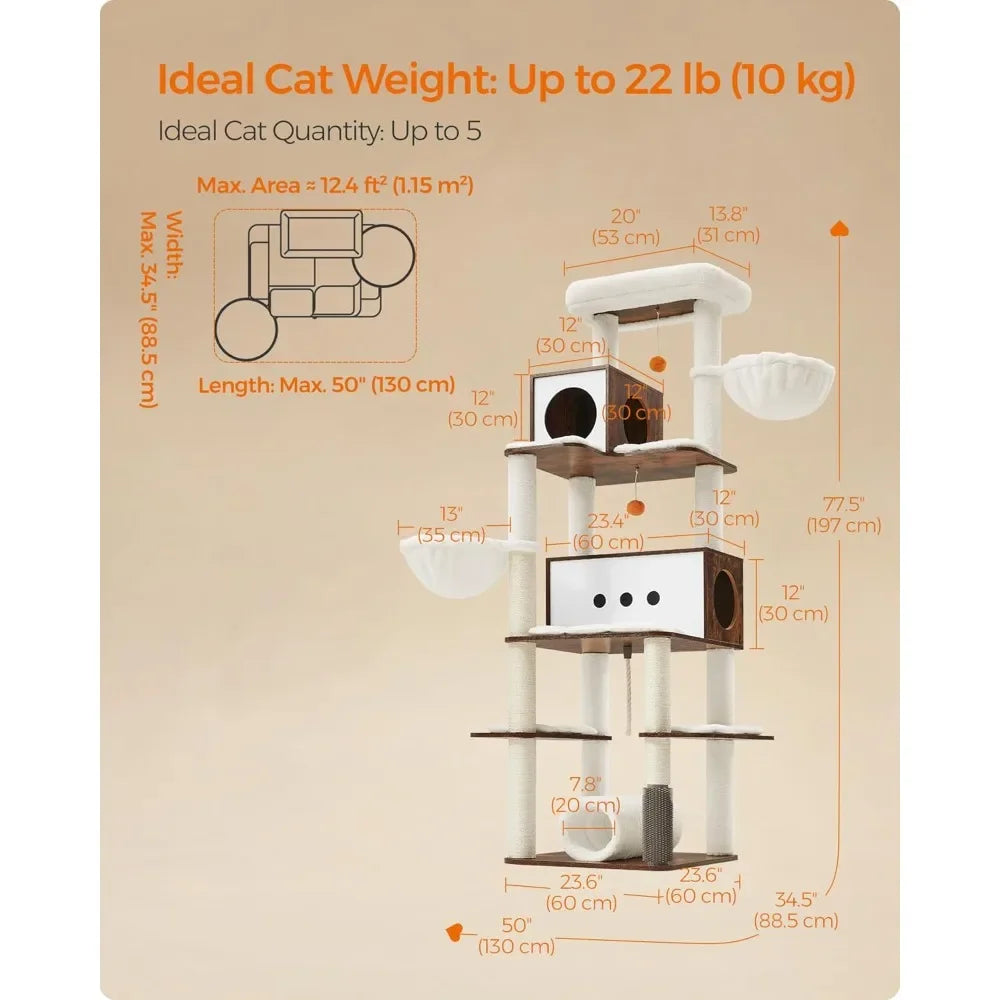 Cat Tree 77.5 Inch Tall Modern Cat Tower for Large Indoor Cats Multi Level Cat Condo with 2 Caves 2 Hammocks 4 Scratch Posts Heather Griege