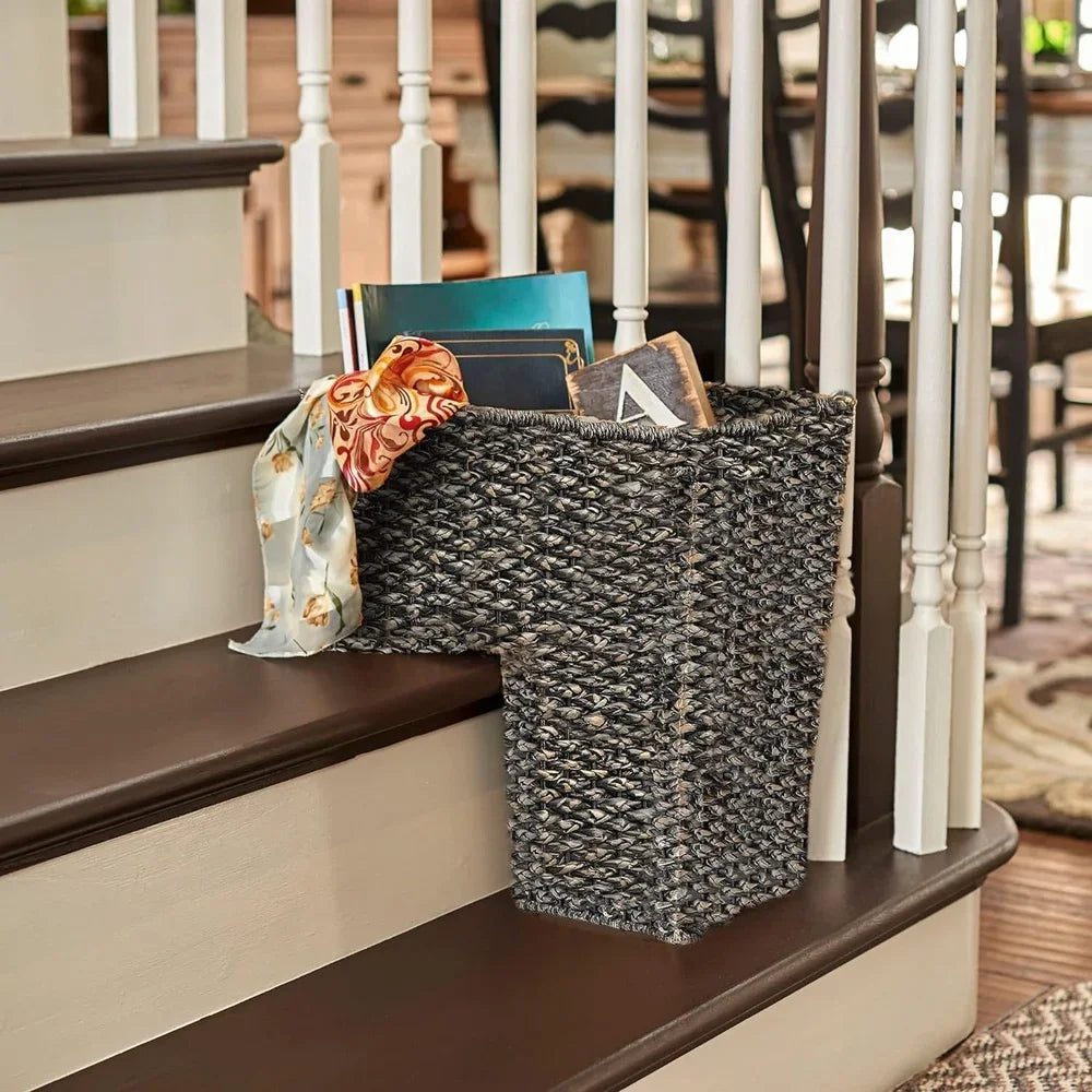 Black Rattan Stair Basket with Handles Storage Organizer Home Collection Convenient Carry All Purpose Decor
