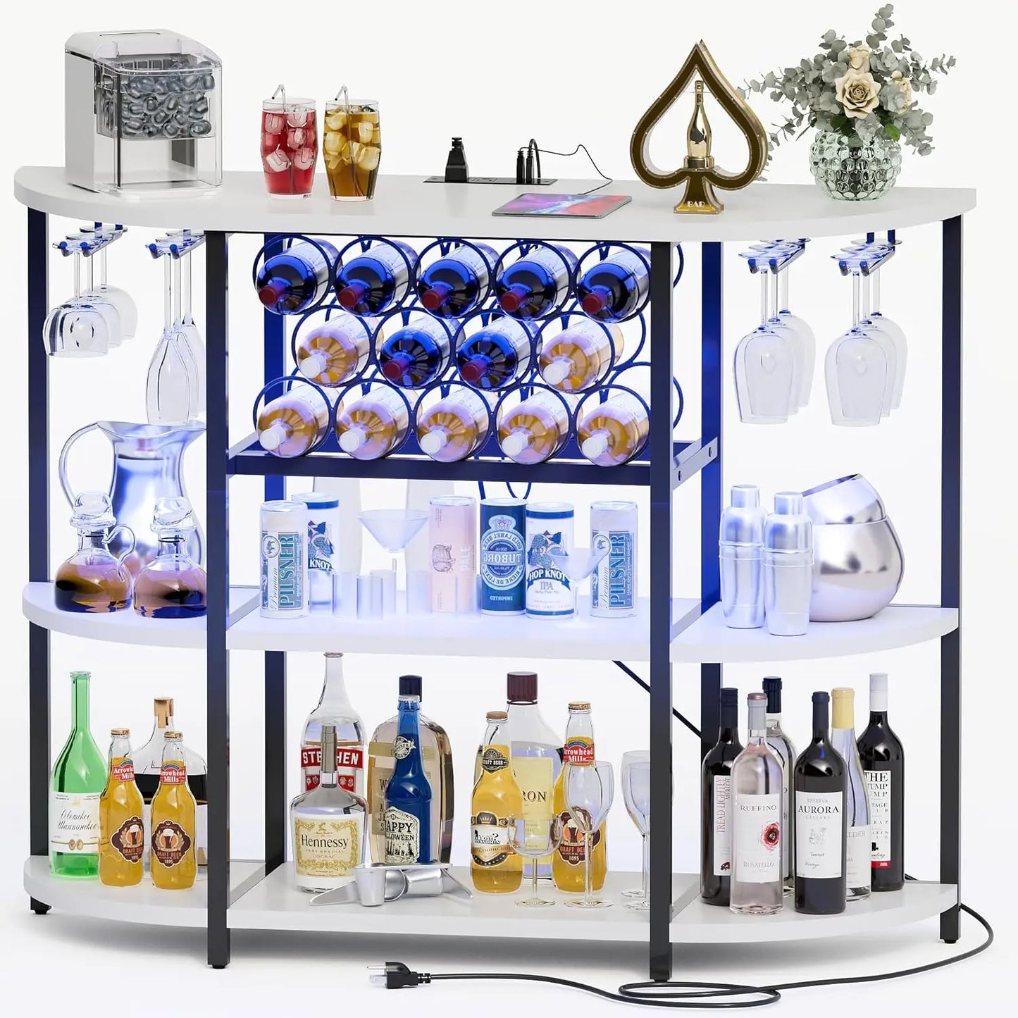 Wine Bar Cabinet with Lights and Outlet 4-Tier Freestanding Storage Rack in Brown Minimalist Modern Design