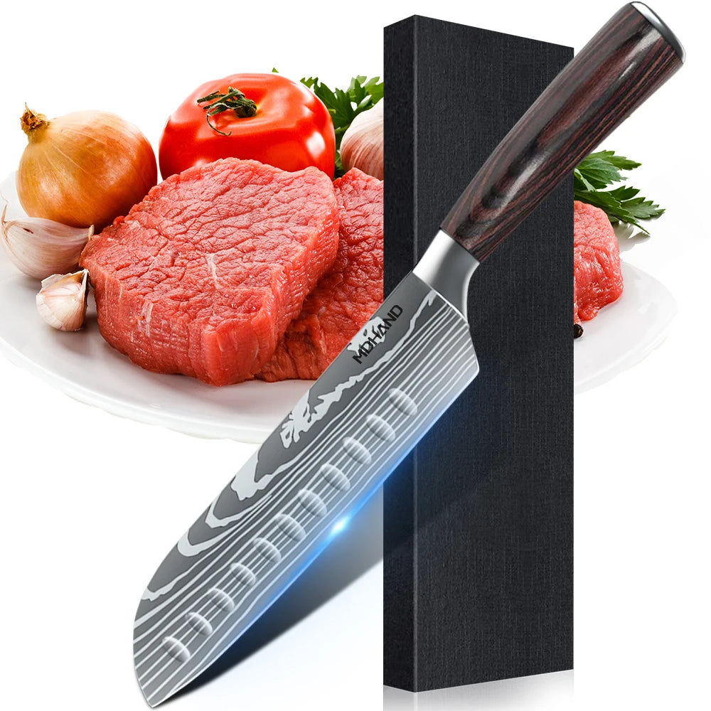 8PCS Japanese Kitchen Knife Set Professional Laser Damascus Pattern Stainless Steel Meat Cleaver Slicer Knife