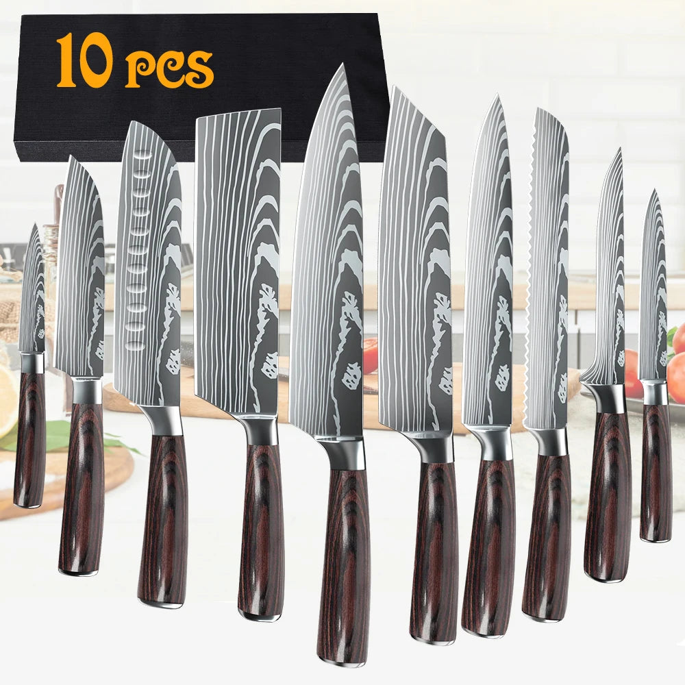 5PCS Japanese Kitchen Knives Set Professional Laser Damascus Pattern Stainless Steel Meat Cleaver Slicer Knife