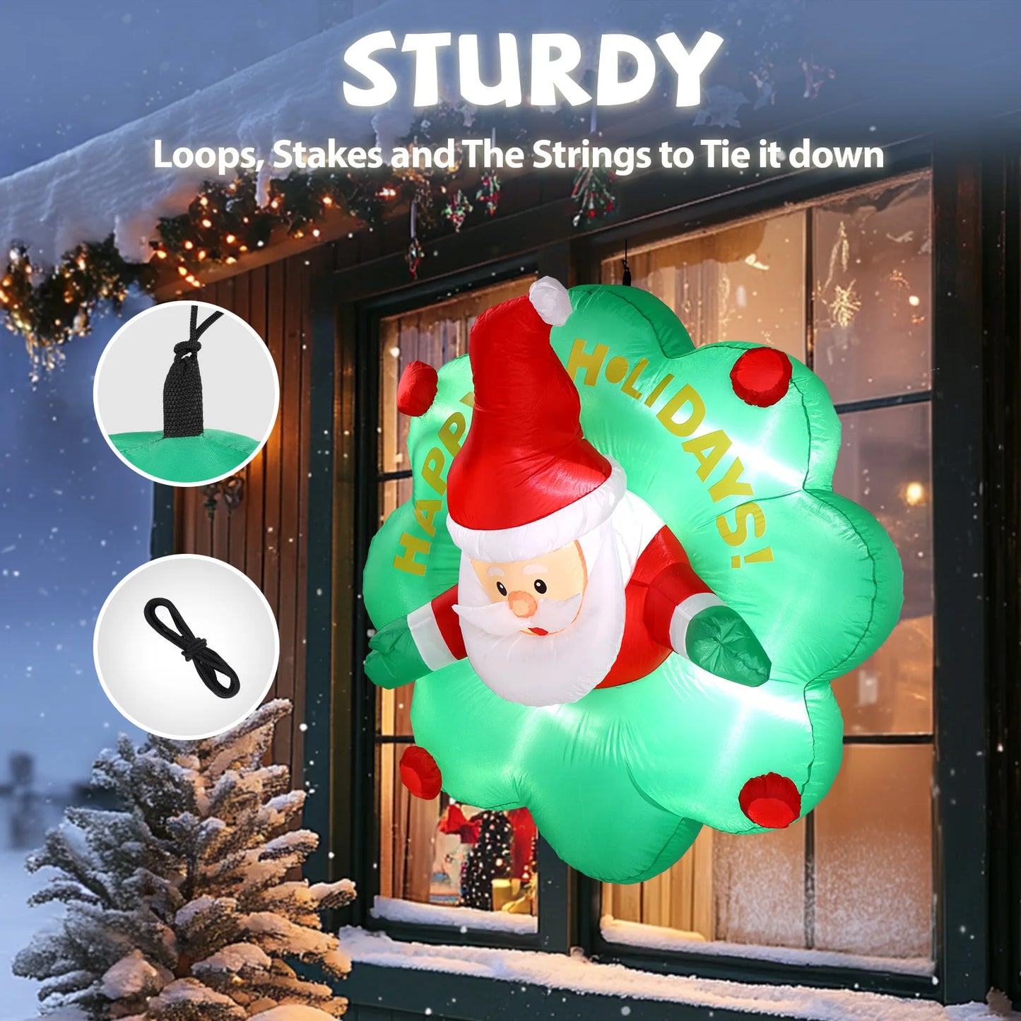 4 Ft Lighted Christmas Inflatable Santa with Wreath Breaking Out from Window Large Blow Up Hanging Decoration